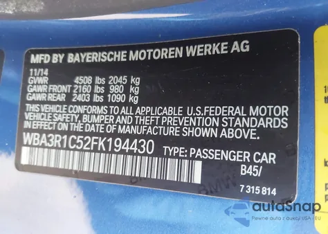 2015 BMW 435I from USA, damaged, VIN WBA3R1C52FK194430